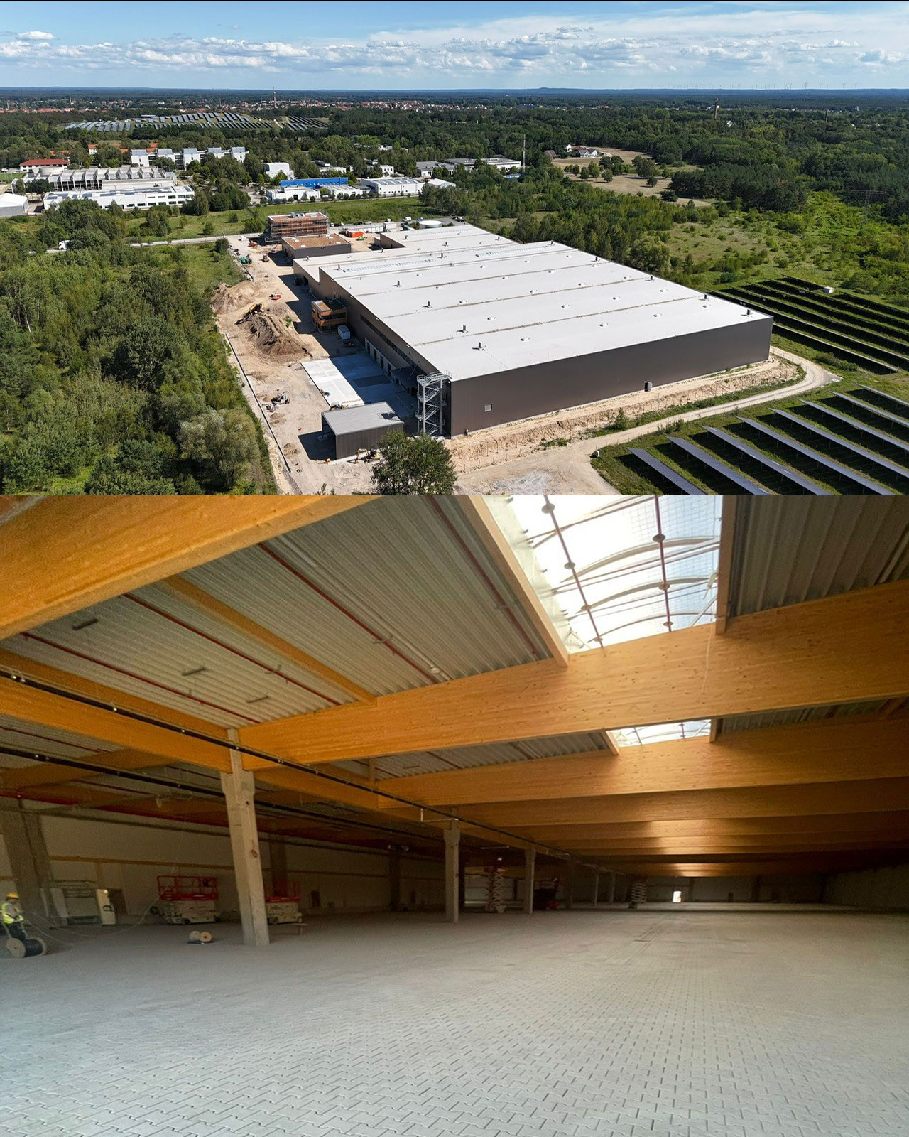 Große Halle in Industriegebiet in Luckenwalde mit vielen Bäumen gesäumt und Solarfeld
